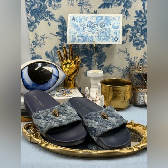 🆕 KURT GEIGER LONDON 🧿 NWOB Blue Denim Meena Eagle Slides, Sz EU 40.5 US 9.5 - Picture 2 of 14